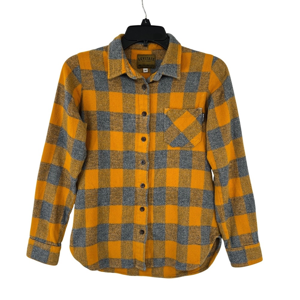 Levitate Flannel Button Down Womens M Mustard Grey Buffalo Plaid USA Made Rustic